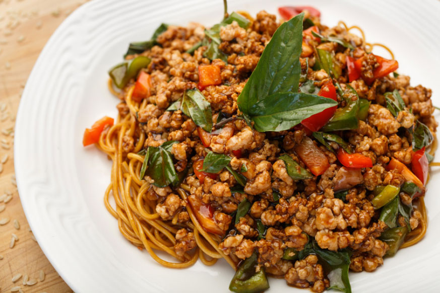 Thai basil spaghetti with minced pork and fresh chili